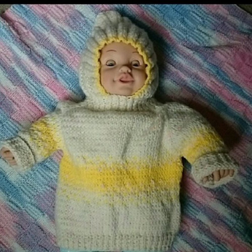 Hand Made Knit Hooded Baby Back Zipper Sweater 11-18 lbs Winter Spring Fall
